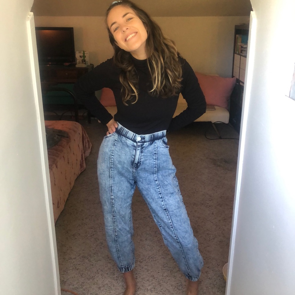 Acid Wash Elastic Waist Denim Pants